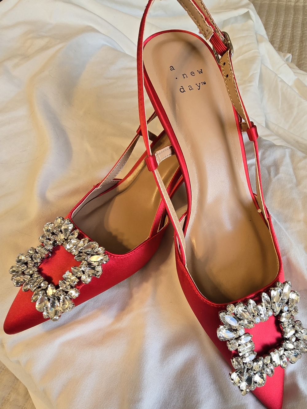 a new day Red Satin Pointed Slingback Heels with Crystal Buckle - Picture 5 of 8